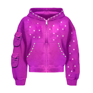 Hoodie unisexe tendance avec poche à manches ornée de strass, effet délavé, 100% coton, style streetwear, fermeture éclair intégrale - Product Image 5