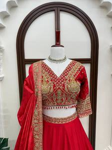 <b>Red</b> Embroidered <b>Lehenga</b> Set Velvet Ethnic Bottomwear Dupatta Wedding Festival Wear - Product Image 3