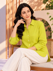 Chemise en lin verte à manches longues pour femme, chemisier décontracté à boutons, respirant, coupe classique - Product Image 4