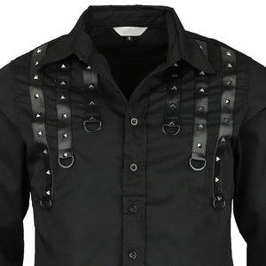 <b>Men's</b> Gothic Industrial Black Cotton Long Sleeve Shirt with Faux Leather <b>Studded</b> Appliques and Metal D-Rings Punk Rock - Product Image 5