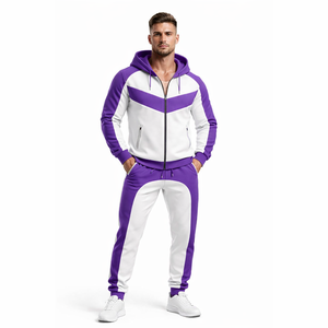 Unisex Purple & White Hooded Tracksuit Set – <b>Zip</b> <b>Up</b> <b>Jacket</b> with Jogger Pants, Slim Fit Casual Sportswear Gym Fitness Outfit - Product Image 1