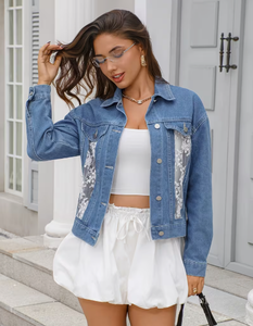 Hardihood International Women's Denim <b>Jacket</b> Breathable Distressed Lace Trim Contrast Cuffs Hem Floral Print Formal Spring Style - Product Image 4