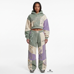 Conjunto Deportivo de Sudadera con Capucha y Pantalones Anchos con Bordado Floral en Verde Salvia y Lavanda para Mujer, Ropa Urbana Personalizada - Product Image 1