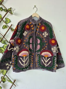 Handmade Grey <b>Velvet</b> Suzani Embroidered <b>Jacket</b> with Floral Print Full Sleeve Stand Collar Bohemian <b>Women's</b> Winter Coat - Product Image 1