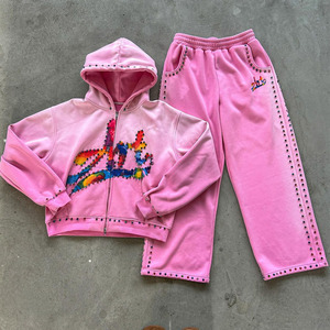 Conjunto de chándal unisex con cremallera y pedrería, pantalones de pierna ancha con letras aplicadas, etiqueta personalizada, estilo urbano, corte holgado, para otoño - Product Image 3