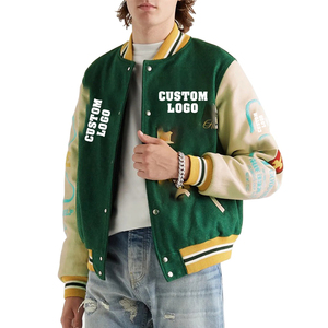 Customized Logo <b>Men's</b> Green Varsity <b>Jacket</b> Cotton Polyester Casual Turn-down Collar Button Front Embroidered Patchwork Design - Product Image 1