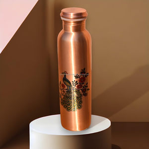 Botella de Agua de Cobre Hecha a Mano con Estampado de Pavo Real y Acabado Brillante, Tapas de Gran Capacidad para Entusiastas de la Vida Saludable - Product Image 5