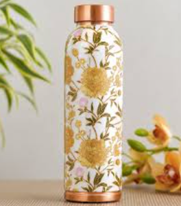 Floral Enamel Coated <b>Copper</b> Water <b>Bottle</b> Handmade Designer Ayurvedic <b>Copper</b> <b>Drinking</b> <b>Bottle</b> with Golden Blossom Print - Product Image 1