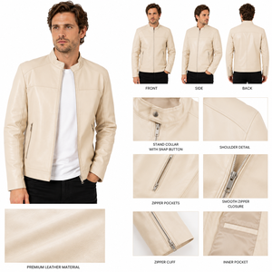 เสื้อแจ็คเก็ตหนังสำหรับผู้ชาย ตกแต่งด้วยการเย็บที่แข็งแรง ผิวสัมผัสเรียบเนียน ซับในอุ่นสบาย และมีกระเป๋าใช้งานได้จริง เหมาะสำหรับใส่ในสภาพอากาศเย็นๆ หรือใส่ในชีวิตประจำวัน - Product Image 4