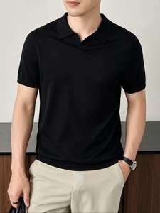 Camiseta de Manga Corta para Hombre, Negra, Corte Clásico, Tejido de Viscosa/Algodón, Secado Rápido, Estilo Old Money, Casual, Transpirable, Corte Regular - Product Image 1