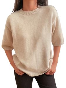 Pull ample pour femme couleur abricot à manches trois-quarts, tricot côtelé personnalisé, style vintage, 100 % coton, logo frontal - Product Image 2