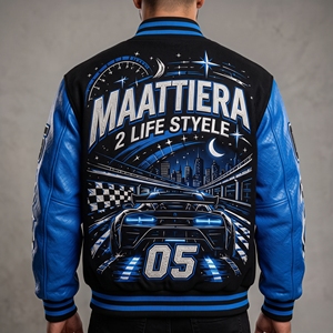 Men Black Letterman Jacket Blue Leather Sleeves Racing <b>Car</b> Graphic Embroidered Design Snap Front Ribbed Streetwear - Product Image 1