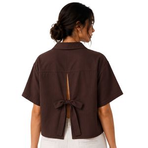 Camisa Corta Bordada Marrón Personalizada para Mujer, Blusa Casual de Verano con Botones y Manga Corta, Top de Moda con Logotipo Personalizado en Mezcla de Lino - Product Image 2