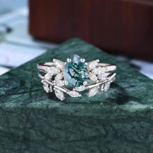 Ensemble de bagues de fiançailles en agate mousse poire avec grappe de moissanite, alliance de mariage pour femme, bijoux fins OEM ODM - Product Image 6