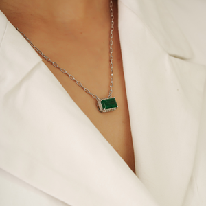 Stunning 6x11 mm Octagon Shape Natural <b>Emerald</b> Gemstone & Round Diamond Cluster 925 Silver <b>Pendant</b> Necklace For Women's - Product Image 4