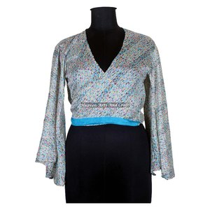 Silk Tie-<b>Top</b> Women Recycle Silk <b>Top</b> Indian Silk Wrap <b>Top</b> Bell Sleeve Tie Front Hippie <b>Top</b> Silk Retro Style Free Size Casual - Product Image 3