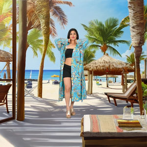 Peignoir Kimono en Coton à Col en V Imprimé Floral Turquoise Élégant pour Femme – Doux, Léger et Respirant pour Piscine, Plage et Détente à Domicile - Product Image 2