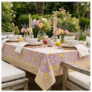 Manteles de algodón estampados a mano con motivos florales, 180x340 cm, manteles de algodón con diseño floral de limón, rosa y amarillo, estilo rústico - Product Image 1