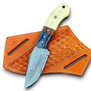 Cuchillo de Caza y Camping de Acero de Damasco con Hoja Fija, Mango de Hueso de Camello y Madera, Punta Caída, 7.5 Pulgadas de Longitud Total, OEM/ODM Disponible - Product Image 1