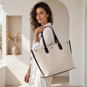 Sac fourre-tout en toile 100% coton, crème naturel, finition en cuir noir, structuré, grand sac à bandoulière, logo personnalisé, en gros - Product Image 2