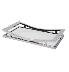 Modern Curved Handle Metal Serving Tray - 33cm Rectangular Decorative Platter for Ottoman & Coffee <b>Table</b> - Luxury Silver <b>Matte</b> F - Product Image 1