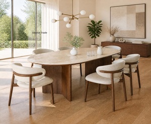 Table à manger rectangulaire de luxe Daystar Trade en bois massif avec plateau aspect pierre naturelle et base architecturale moderne sur piédestal - Product Image 1