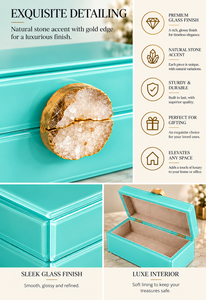 Coffret de rangement pour bijoux en verre bleu aqua avec accent en agate naturelle, bordure dorée, finition brillante, organisateur décoratif pour souvenirs - Product Image 6