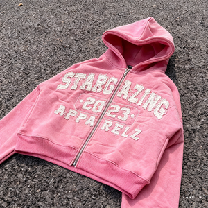 Applique Distress Patches <b>Zip</b>-<b>Up</b> Cropped <b>Hoodies</b> Custom Screen Printing Streetwear Acid Wash Hooded <b>Crop</b> Sweatshirt for Women's - Product Image 4