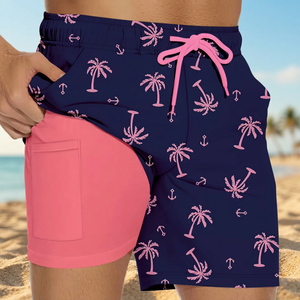Men's Navy short Printed Quick Dry Board Shorts With Pockets Mid Waist Draw <b>string</b> Casual Swim wear - Product Image 3