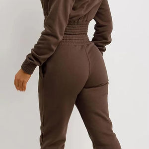 Ensemble de survêtement unisexe marron à col rond et cordon de serrage, haut court, manches longues, couleur unie, pantalon de survêtement imprimé décontracté avec poches latérales, hiver - Product Image 5