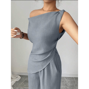 Serene <b>Slate</b> Asymmetrical Ruched Jumpsuit or Asymmetric One Shoulder Draped Co ord Set - Product Image 6