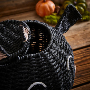 Cute Woven Halloween Bat Basket with Lid - Handmade Seagrass Storage Organizer for Candy and Gifts - Product Image 2