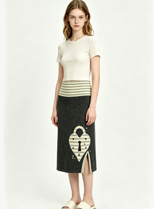 Women's High Waist Knitted Midi <b>Skirt</b> <b>Black</b> With Striped Waistband And Heart Keyhole Slit - Product Image 5