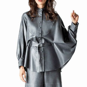 Chemisier pour femme en similicuir à col mandarin, boutonné sur le devant, à manches longues, avec ceinture à la taille, style minimaliste, débardeur - Product Image 5