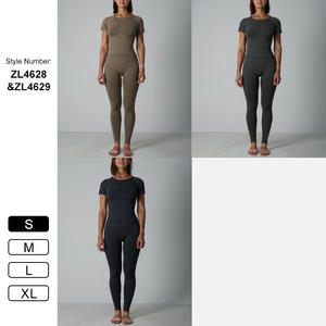 ZL4628&ZL4629 Conjuntos de Yoga sin Costuras para Mujer: Camisetas de Gimnasio de Manga Corta con Cuello Redondo y Leggings de Fitness de Cintura Alta con Control de Abdomen - Product Image 2