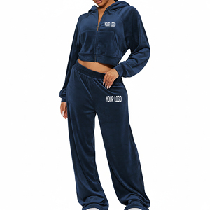 Nouvelle Arrivée Ensemble 2 Pièces Femme Style Hip Hop en Coton Brodé Uni avec Dentelle, Haut Décontracté et Sweat à Capuche Zippé Longueur Intégrale - Product Image 1