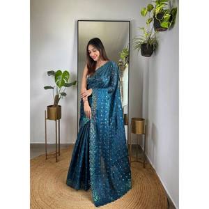 SAREE DE TRAVAIL DE BRODERIE DE SEQUENCE DE SOIE ATTRACTIVE AVEC BLOUSE NON COUCHÉE BLEU - Product Image 1