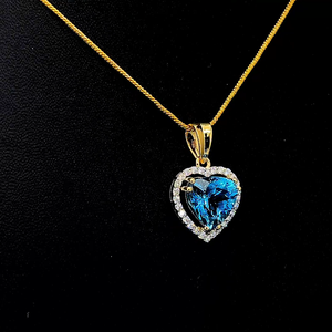Designer heart shaped <b>blue</b> gemstone pendant with sparkling halo stones elegant luxury <b>necklace</b> jewelry collection for women - Product Image 6