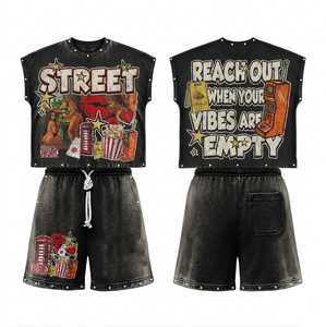 Premium 260 GSM cotton sleeveless graphic short set vintage washed grey custom screen print Sleeveless shirt and Shorts Set - Product Image 6