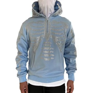 Sweat-shirt à capuche bleu clair pour homme, fermeture éclair quart de tour, imprimé squelette en strass, coupe classique, streetwear, tenue décontractée d'automne - Product Image 1