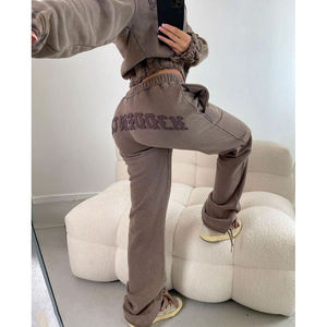 Custom Winter Solid Hooded Cotton Knit Y2k Flared Stack Jogging <b>Tracksuits</b> Cropped Slim Fit Skinny Distressed Sweatsuit Casual - Product Image 1