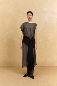 Vestido Maxi de Seda Organza a Rayas para Verano, Tejido Transparente, Hombro Asimétrico, Abertura Lateral, Transpirable, Corte Holgado, Elegante y Casual - Product Image 3