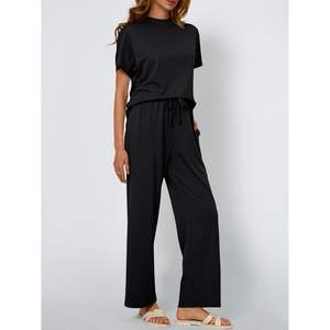 2025 femmes été deux pièces pour salon ensemble coupe ample col montant haut court et pantalon à jambes larges conception assortie - Product Image 1