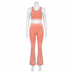 Conjunto de Yoga para Mujer, Color Naranja Coral, Lavado Ácido, Top Corto, Leggings de Cintura Alta con Corte Acampanado, Ropa Deportiva para Gimnasio y Entrenamiento - Product Image 2