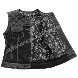 Chaleco de cuero y lona con corte de diamante para mujer, con bolsillo oculto para arma, para motociclismo en todo tipo de clima. - Product Image 2