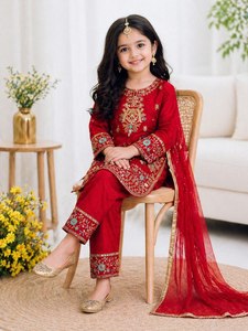 Girls Children <b>Red</b> Embroidered <b>Silk</b> Salwar Kameez Set with Dupatta Traditional Indian Pakistani Clothing for Wedding Party Wear - Product Image 1