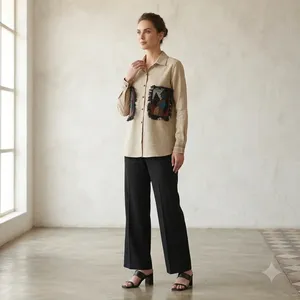 Chemise en coton beige brodée pour femmes, manches longues, décontractée, boutonnée, style bohème, tunique tendance - Product Image 4
