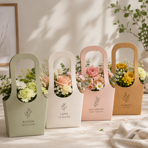 ถุงดอกไม้ Bloom With Love แบบกระดาษไอวอรี่ ฐานสี่เหลี่ยม หูหิ้วไดคัท ปั๊มร้อน ลายคลาสสิก สำหรับบรรจุภัณฑ์ของขวัญและงานฝีมือ - Product Image 5
