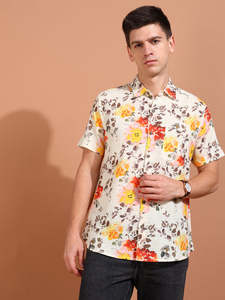 Chemise homme multicolore en coton slub à imprimé floral, coupe classique, avec col chemise et manches courtes, style décontracté mondial - Product Image 6
