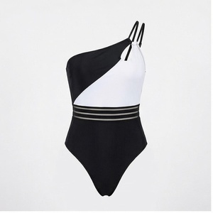 One Shoulder Color Blocking One Piece Swimsuit With Side Stripe High Waist Design For Women - Product Image 1